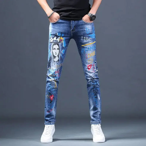 Slim Fit Korean Streetwear Graphical Printed Luxury Hip-Hop Stretch Denim Jeans for Men - Perfect Medium Wash Jeans Outfit
